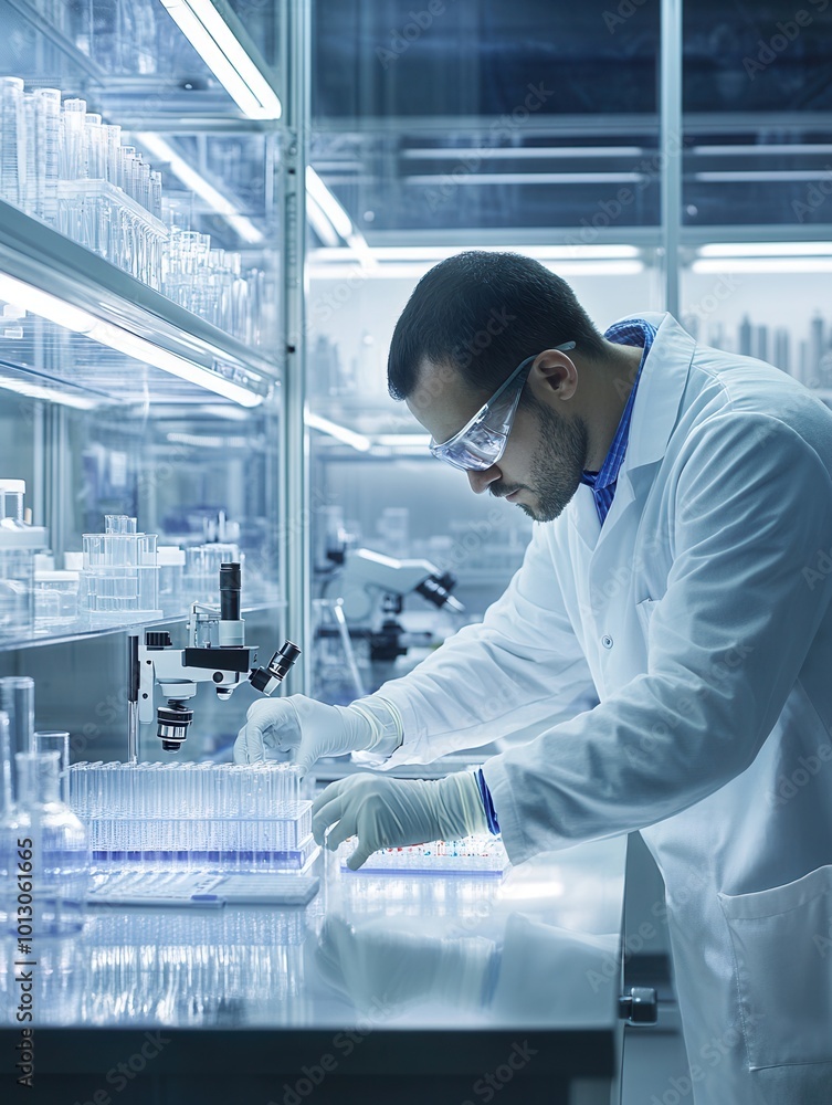 Poster a scientist in a white lab coat and protective gear meticulously handles test tubes and samples in a
