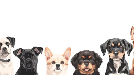 Fototapeta premium Cute dogs lined up on a horizontal white banner, adding a splash of color to your website or social media.