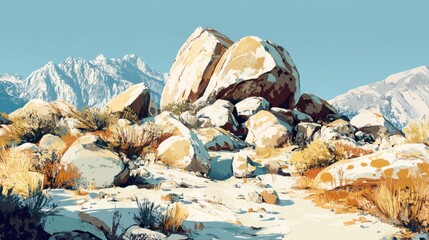 Boulder-strewn landscape in a mountainous area, with rocks of various shapes and sizes