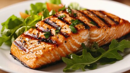 Grilled Salmon Fillet with Fresh Greens on Plate