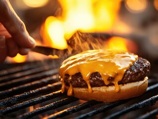 Hand Holding Fresh Burger over Grill with Flames