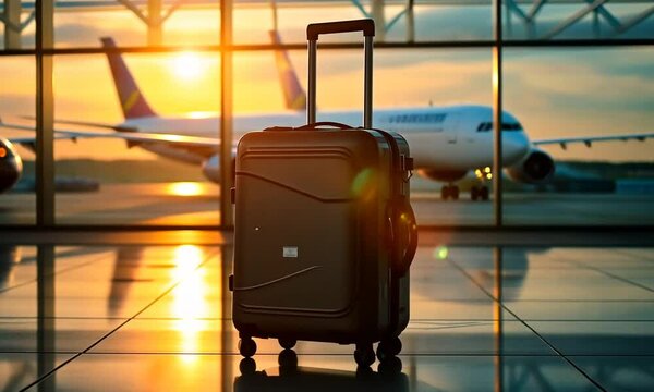 A suitcase stands prominently in the foreground with a blurred airplane in the background at the airport, capturing the essence of travel and adventure