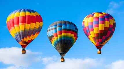 Fototapeta premium Three colorful hot air balloons float against a bright blue sky, showcasing vibrant patterns and creating a cheerful scene.