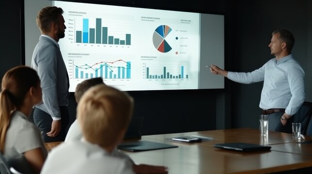 Business professionals discuss data analytics during a presentation, engaging with charts on a large monitor in a corporate setting.
