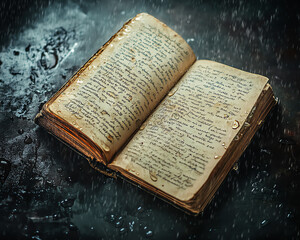 Obraz premium Rain falling on an open diary with ink smudging away, forgotten stories, unwritten feelings