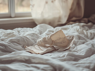 Torn love letter on an empty bed, heartbreak, emotional aftermath of love