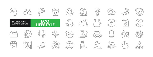 Set of 36 Eco Lifestyle line icons set. Eco Lifestyle outline icons with editable stroke collection. Includes Solar Energy, Think Green, Recycling, CO2 Neutral, Green City, and More.