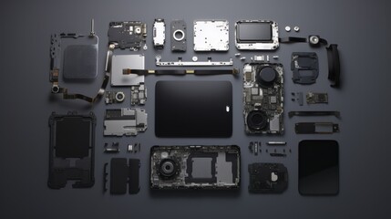 A complex array of disassembled phone components is meticulously arranged, revealing the intricate workings and inner technologies.