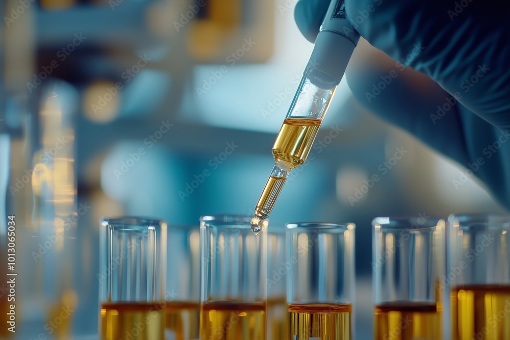 Poster laboratory setting with test tubes filled with liquid as a doctor's hand uses a dropper for precisio