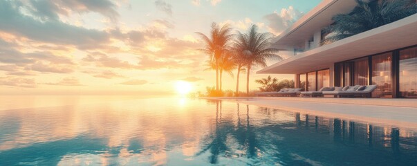 Infinity Pool Villa with Tropical Palms at Sunset