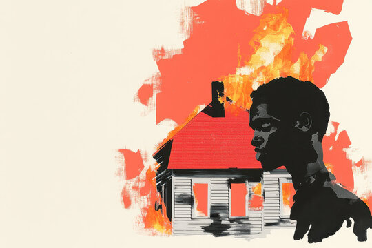 Silhouette of a man in front of a burning house with intense flames