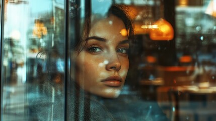 Obraz premium Woman Gazing Through Cafe Window in Soft Light