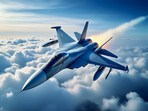 A military fighter jet soaring through the clouds while performing a test flight in bright daylight