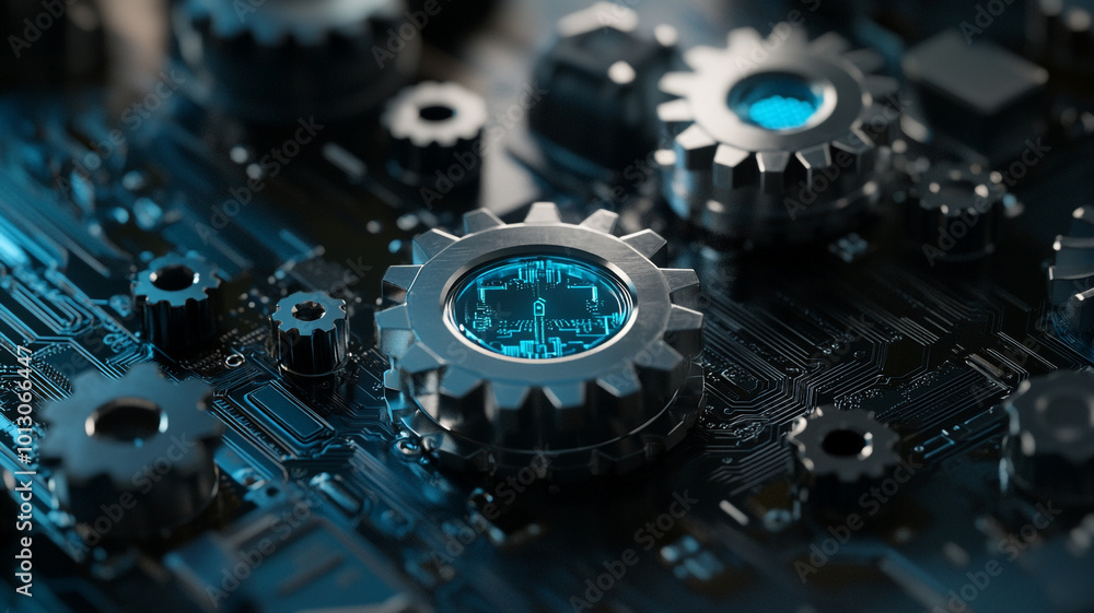 Aufkleber close-up view of interconnected gears and circuits on a dark electronic circuit board
