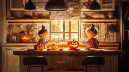 Two little kids celebrating Halloween at home kitchen