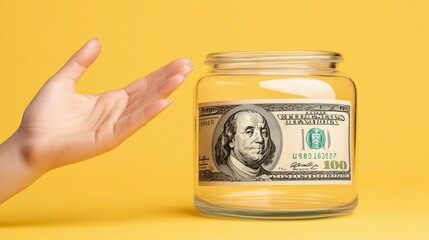 Hand Reaching for Money in a Jar on Yellow Background