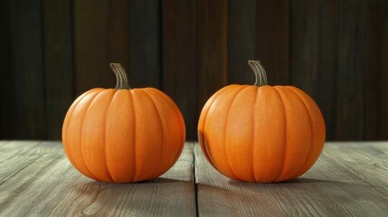Two pumpkins on wooden table. Halloween and autumn food background