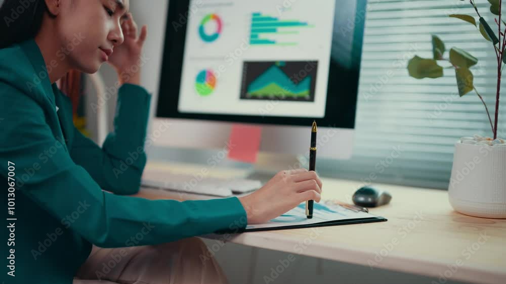 Poster businesswoman reviewing financial data on a computer while taking notes on a clipboard. focused and 