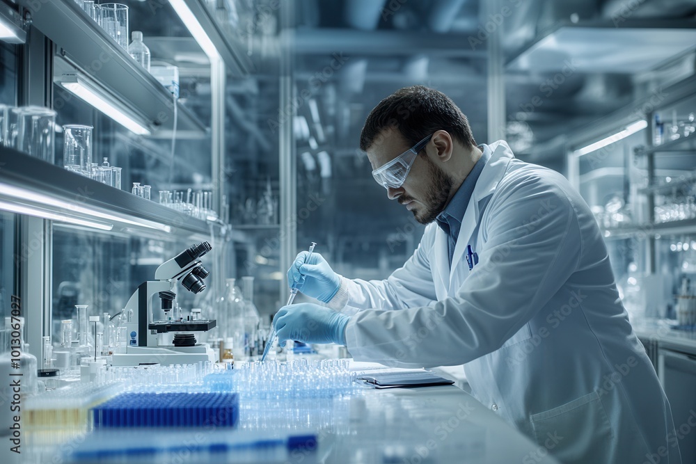 Poster A laboratory scientist in a white lab coat meticulously manages test tubes and samples while conducting experiments in a state-of-the-art lab. Generative AI