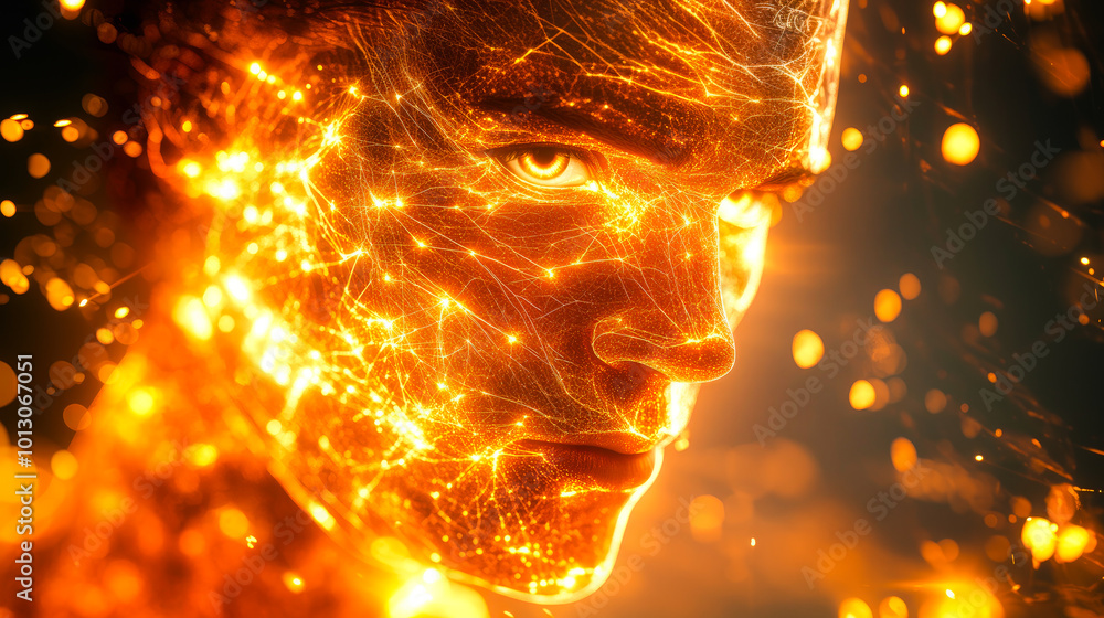Poster a face illuminated in bright orange hues with digital sparks, symbolizing energy and the dynamic int