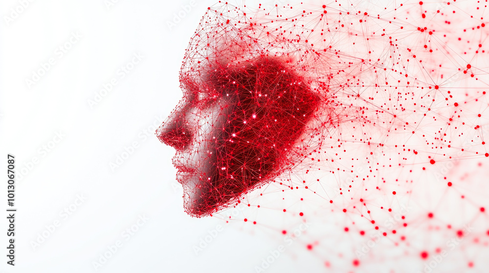 Poster digital art of a human face created with red network lines and particles, representing artificial in