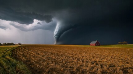 Naklejka premium Tornado touching down in the middle of a farm, barn in the distance under dark skies