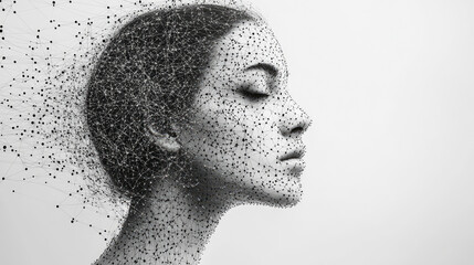A monochrome side profile of a woman constructed with a network of black dots, symbolizing technology and human integration.
