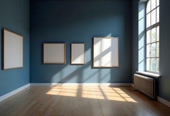 Art Exhibition in a Museum Room Framed Paintings Wall Mounted Canvases Against Navy Blue Wall