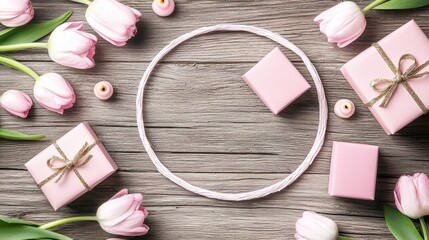 Pink Tulips and Gifts on Wooden Background
