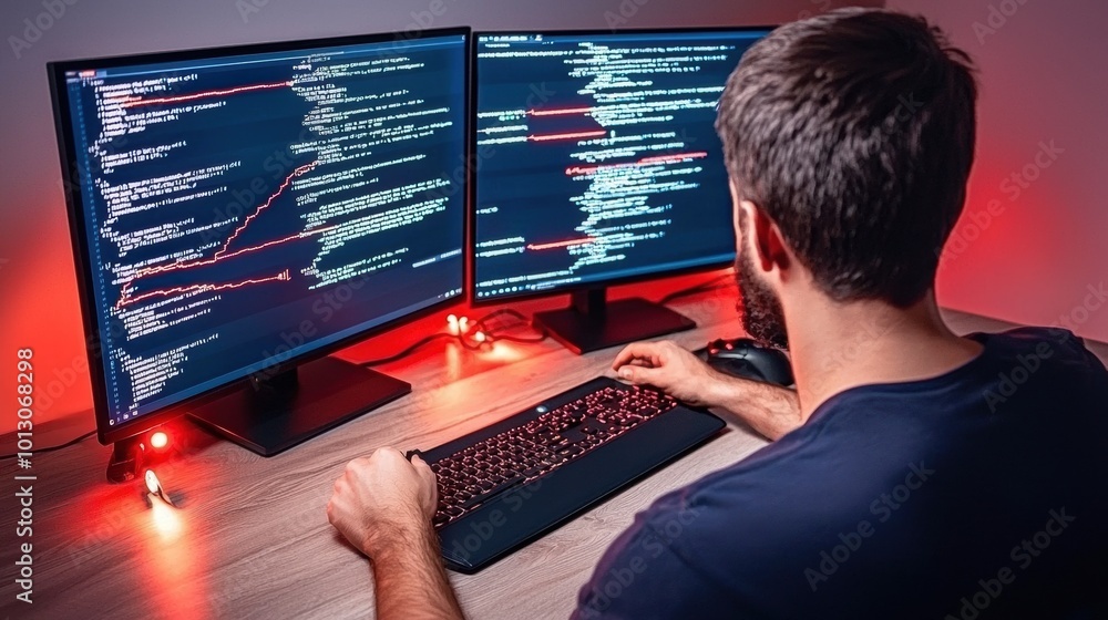 Poster programmer working on dual monitors in dark room