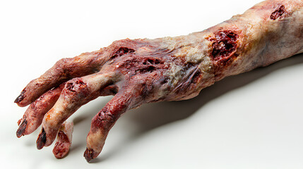 Creepy Realistic Zombie Hand Prop with Decayed Skin and Outstretched Fingers on white Background