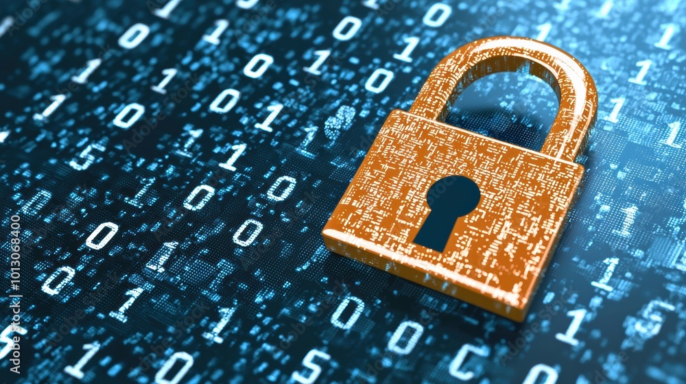 Poster digital security lock on binary code background