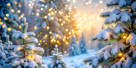 
Snow-covered pine trees with soft, glowing bokeh lights in the background, creating a serene and magical winter atmosphere. Christmas Festival.