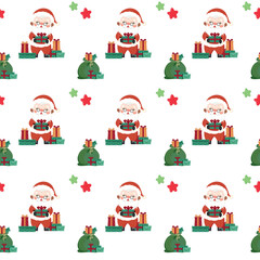 Seamless Christmas pattern with Santa Clause, snowman, tree, ornaments, gift, stocking, candy cane, candies, snoflakes, reindeer.