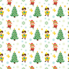 Seamless Christmas pattern with Santa Clause, snowman, tree, ornaments, gift, stocking, candy cane, candies, snoflakes, reindeer.
