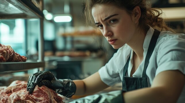 Female Butcher Inspecting Meat in a Butchery Setting
