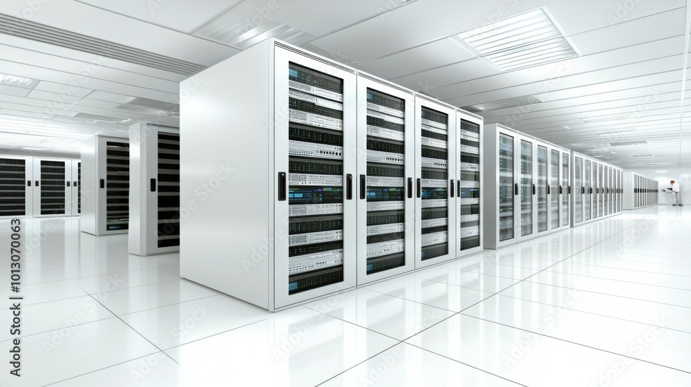 Poster modern data center with server racks and clean environment