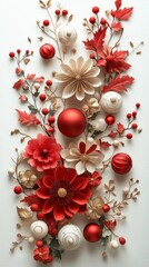 A decorative arrangement of red and cream flowers and ornaments.