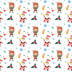 Seamless Christmas pattern with Santa Clause, snowman, tree, ornaments, gift, stocking, candy cane, candies, snoflakes, reindeer.