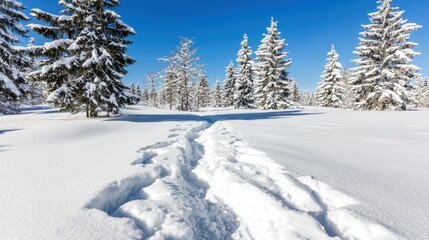 Obraz premium Snowy Trail in Winter Forest Landscape