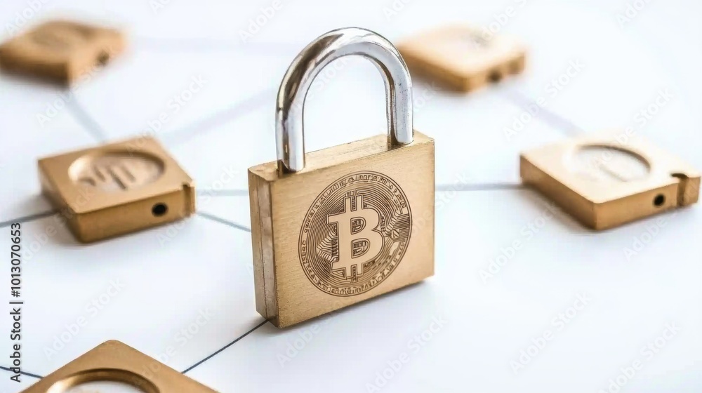 Aufkleber secure bitcoin lock in digital network concept
