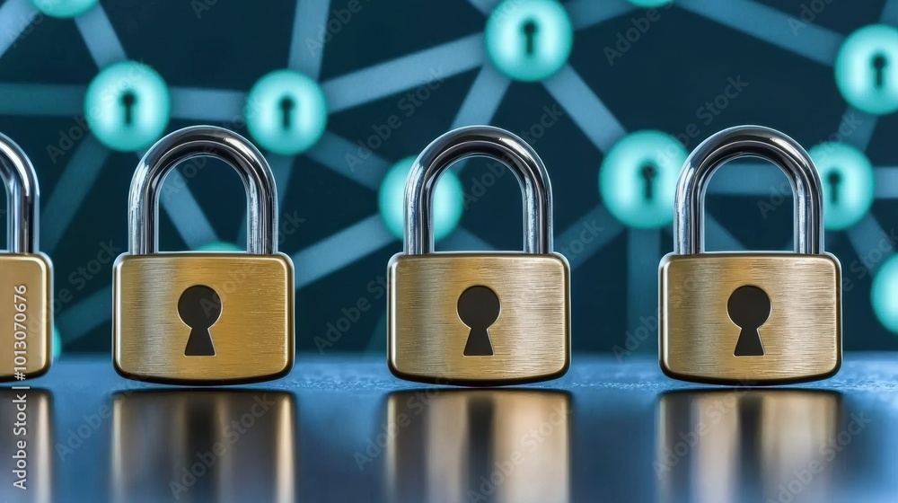 Poster security concept with locks and digital network background
