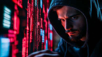 A focused individual in a hoodie analyzes glowing data on a screen in a dark environment