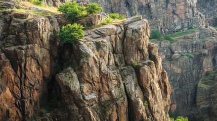 Cliff face of a mountain, with sharp rocks jutting out and patches of vegetation