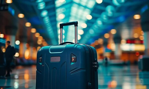 An airport banner features luggage suitcases, symbolizing vacation and holiday travel concepts. The design includes ample copyspace, perfect for adding promotional text or travel-related messages.