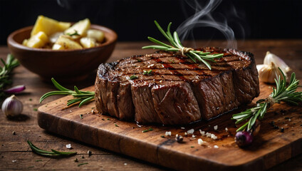 Juicy grilled beef steak with grill marks, served on a wooden board with rosemary and garlic.