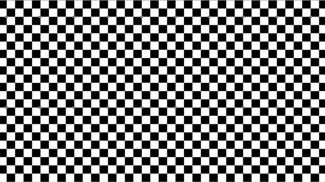 Abstract background in the form of a chessboard with white and black squares and dynamic circle. 4K