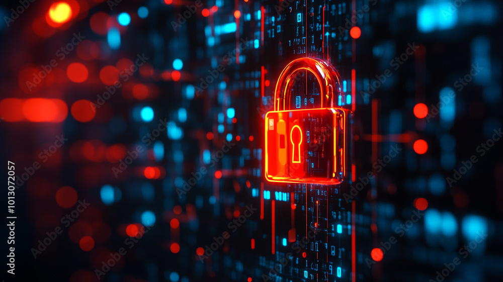 Poster digital padlock symbolizing cybersecurity against data breaches in a glowing network environment
