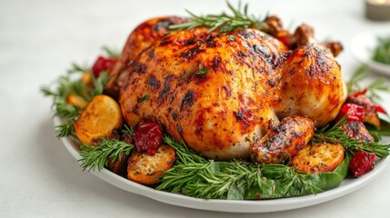 Thanksgiving spiced chicken, zoomed-out view, accompanied by stuffing and greens, white background, copy space for text.