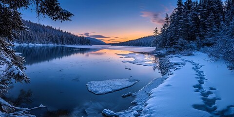 Winter landscape with a frozen lake and snow-covered trees at sunset, reflecting the serene beauty of nature in a tranquil, icy setting.